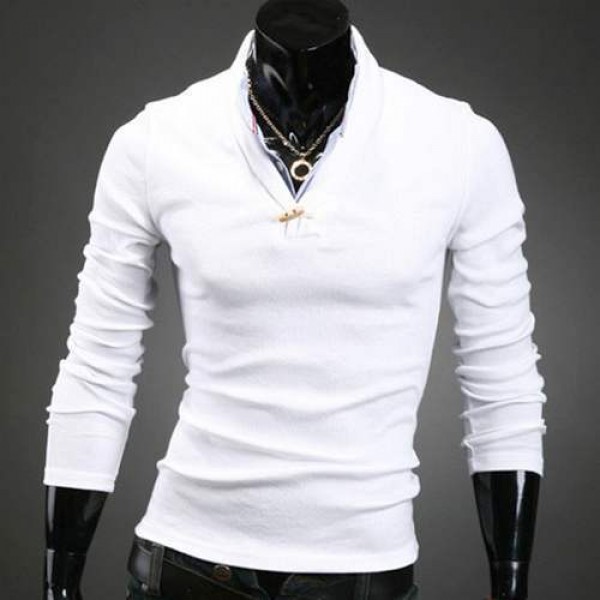 Polo Homme manches longues Classy style Elegant col chemise Men fashion Blanc